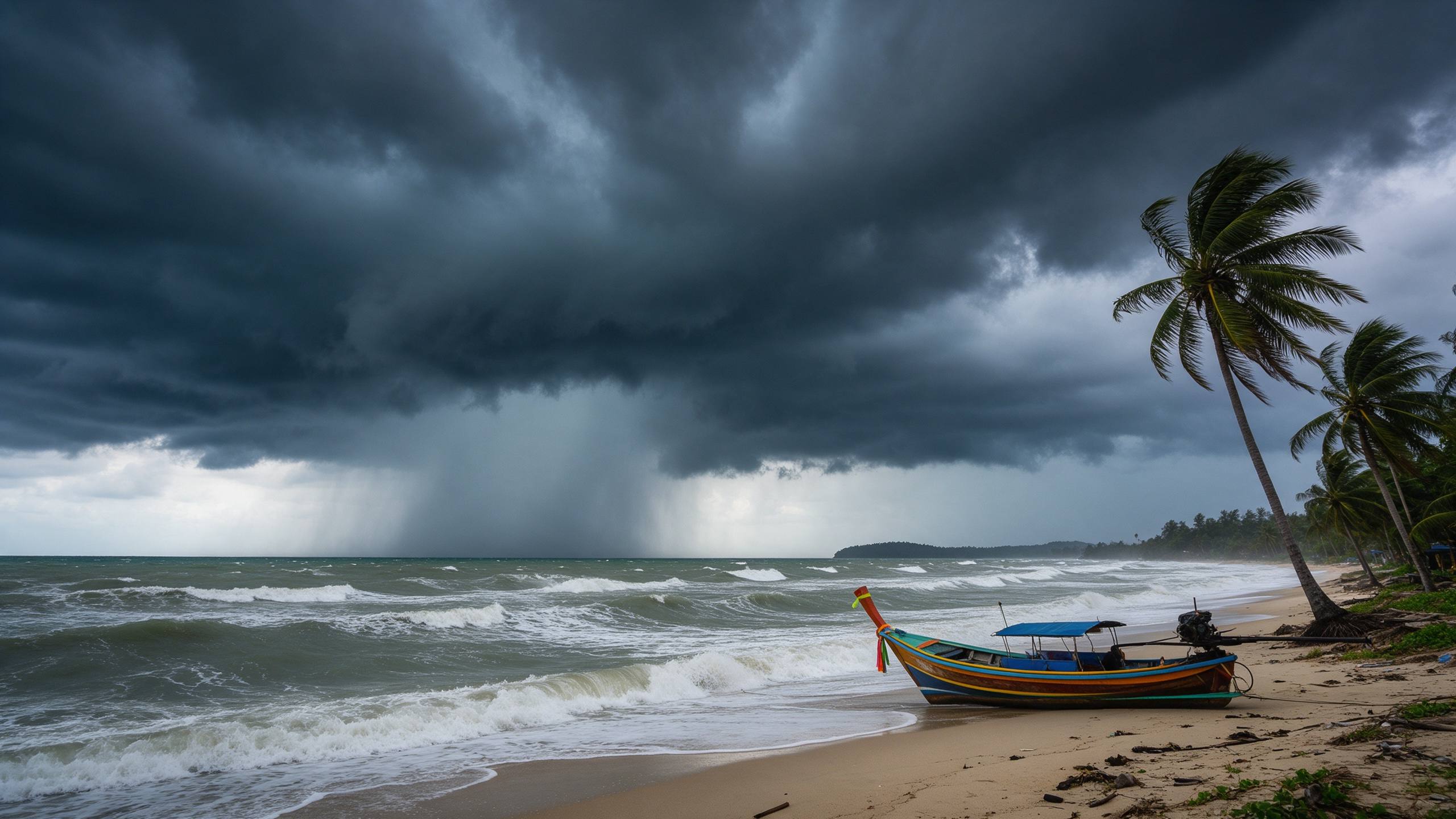Dark storm clouds over the Andaman Sea, rough waves and a colourful longtail boat on the beach with bending palm trees