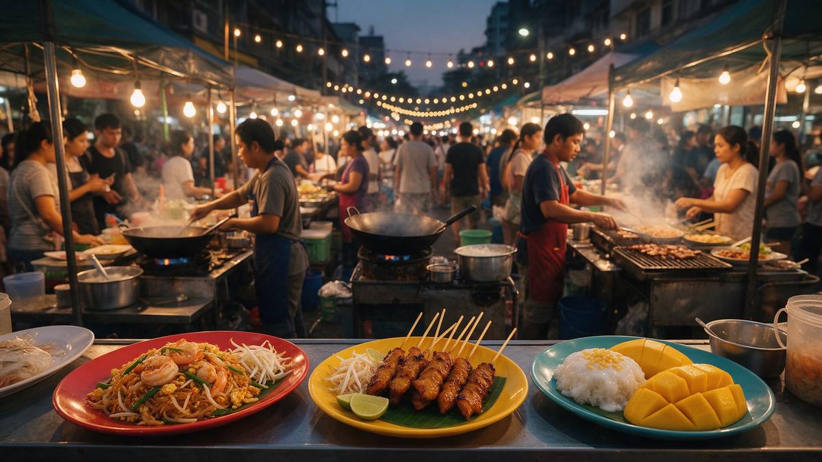Thailändischer Garküchenstand am Abend mit rauchendem Wok, Plastikhockern, Tellern mit Pad Thai, Pad Kra Pao und Mango Sticky Rice