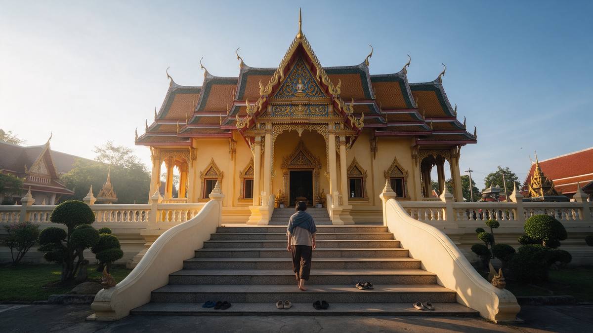 Goldener Tempel in Thailand mit Schuhen vor dem Eingang und einem Mönch in orangefarbener Robe im Hintergrund