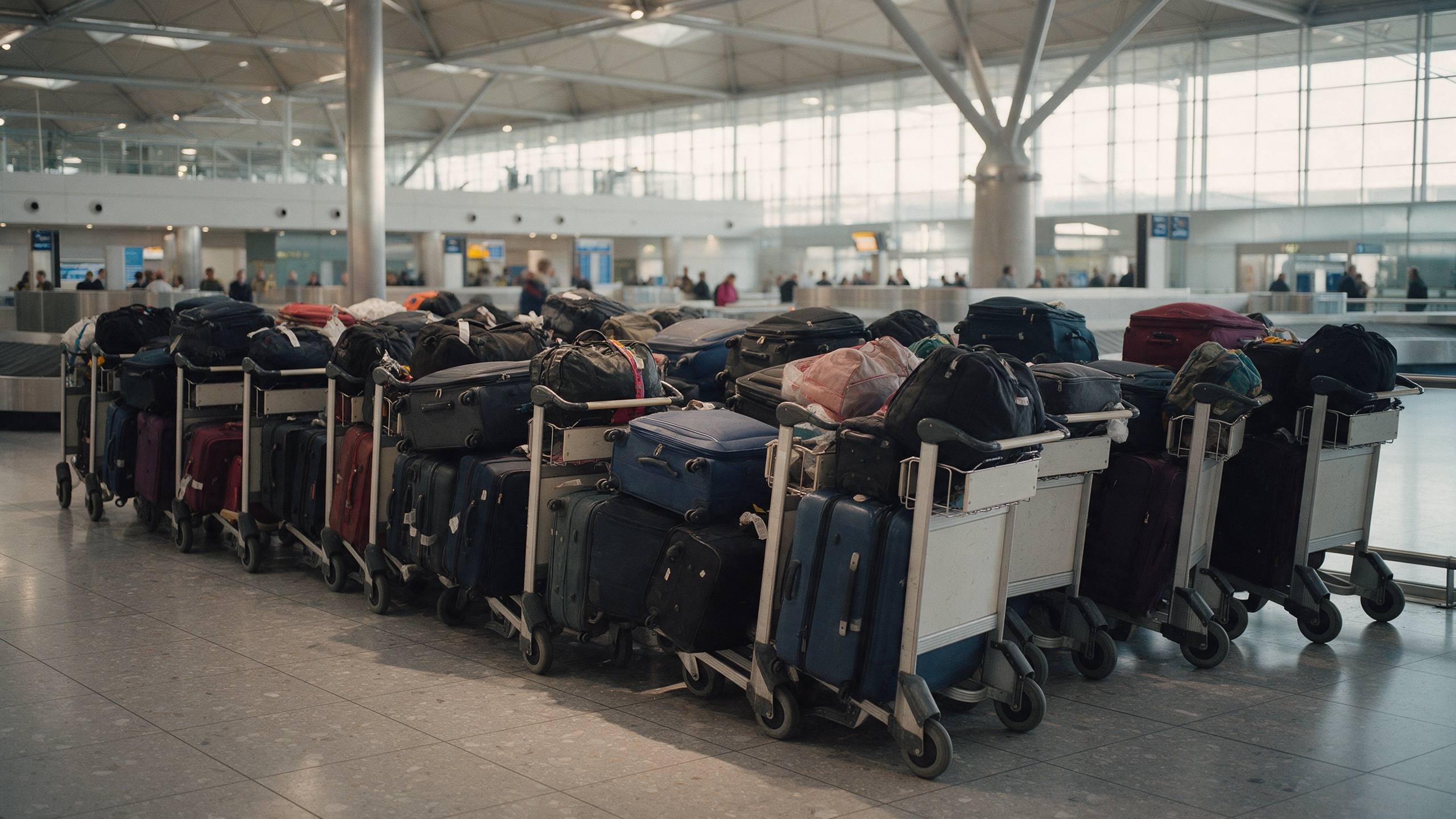 Reihen von Gepäckwagen, hoch beladen mit Koffern und Reisetaschen, in einer großen Flughafenhalle