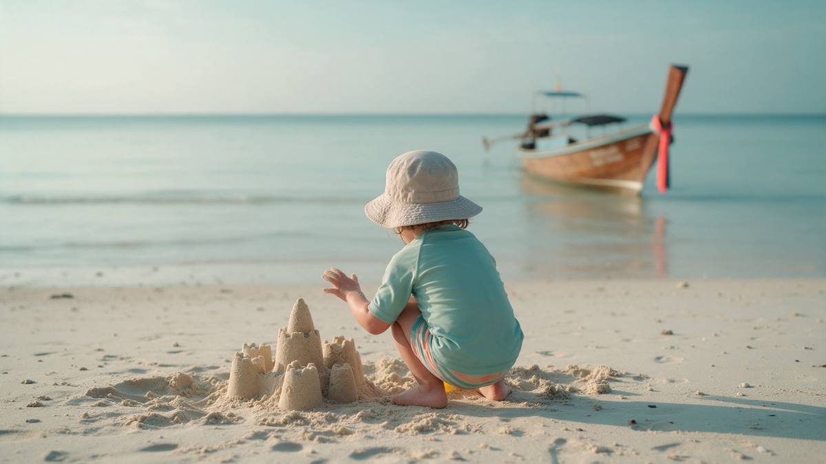Kind mit Sonnenhut baut eine Sandburg an einem flachen, ruhigen Strand in Thailand, dahinter ein Longtail-Boot