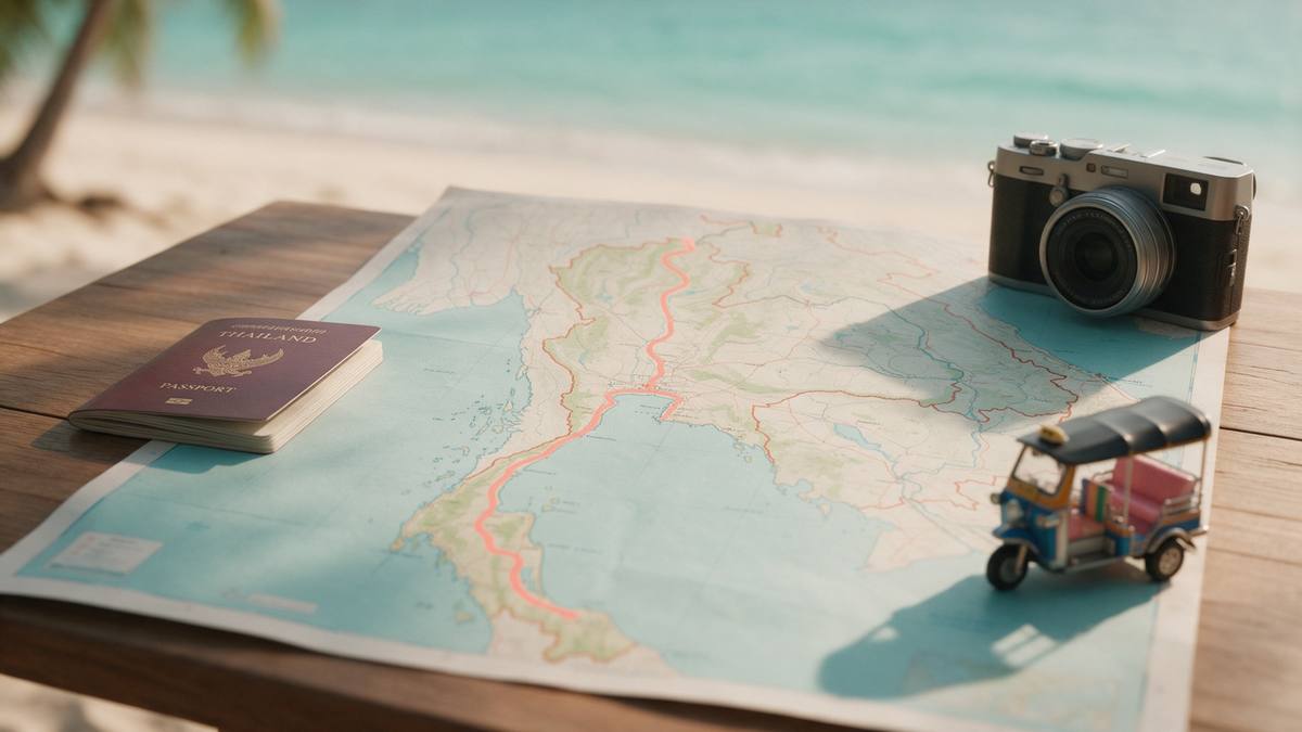 Landkarte von Thailand auf einem Tisch mit Reisepass, Kamera und Tuk-Tuk-Modell, im Hintergrund ein Strand