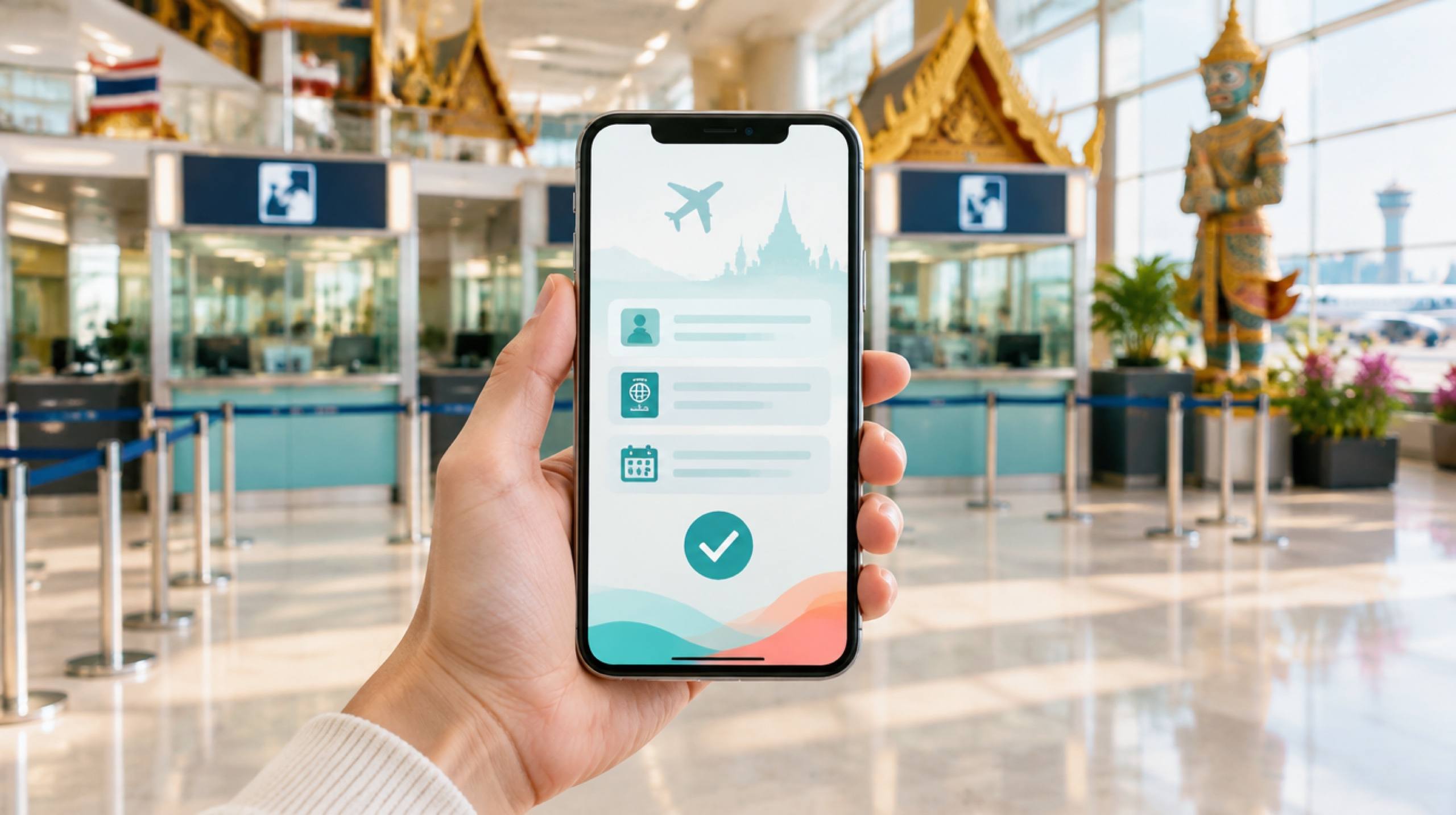 Hand hält ein Smartphone mit einer Einreise-App in einer thailändischen Flughafenhalle