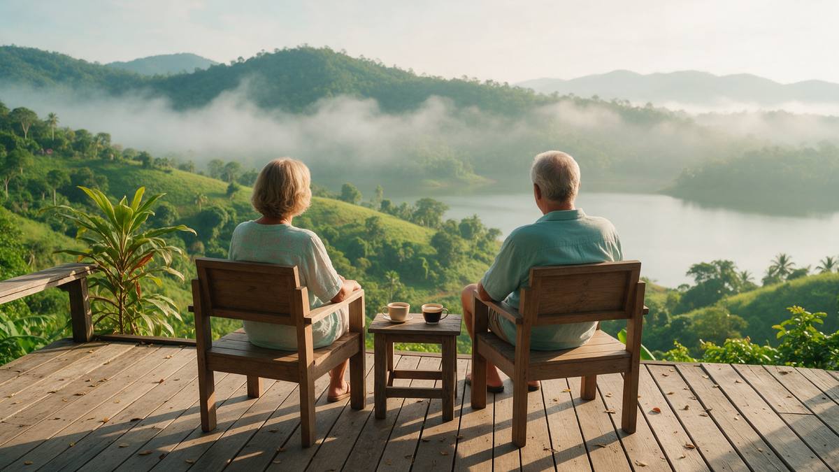 Älteres Paar sitzt mit Kaffee auf einer Holzterrasse und blickt auf grüne, neblige Hügel und einen See