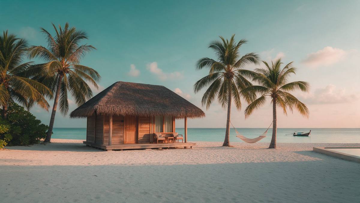 Simple wooden bungalow with a thatched roof and a hammock between coconut palms on a white sand beach, with turquoise sea and a longtail boat behind