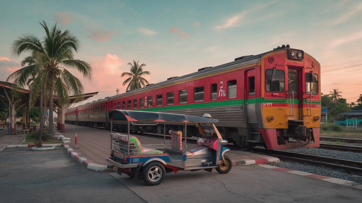 Trem vermelho numa pequena estação tailandesa, na frente um tuk-tuk e palmeiras na luz do fim de tarde