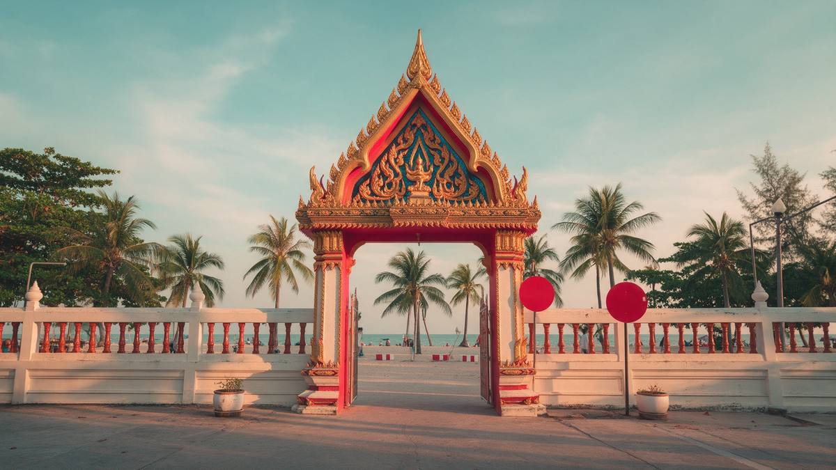 Verbotsschild an einem thailändischen Tempeltor mit Strand und Palmen im Hintergrund